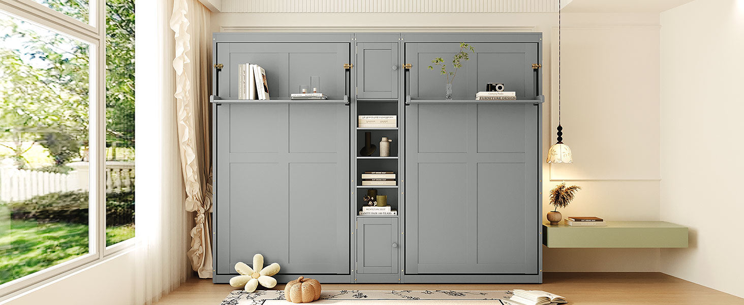 Dual Twin size Wall Murphy Beds with Cabinets and Shelves, Gray