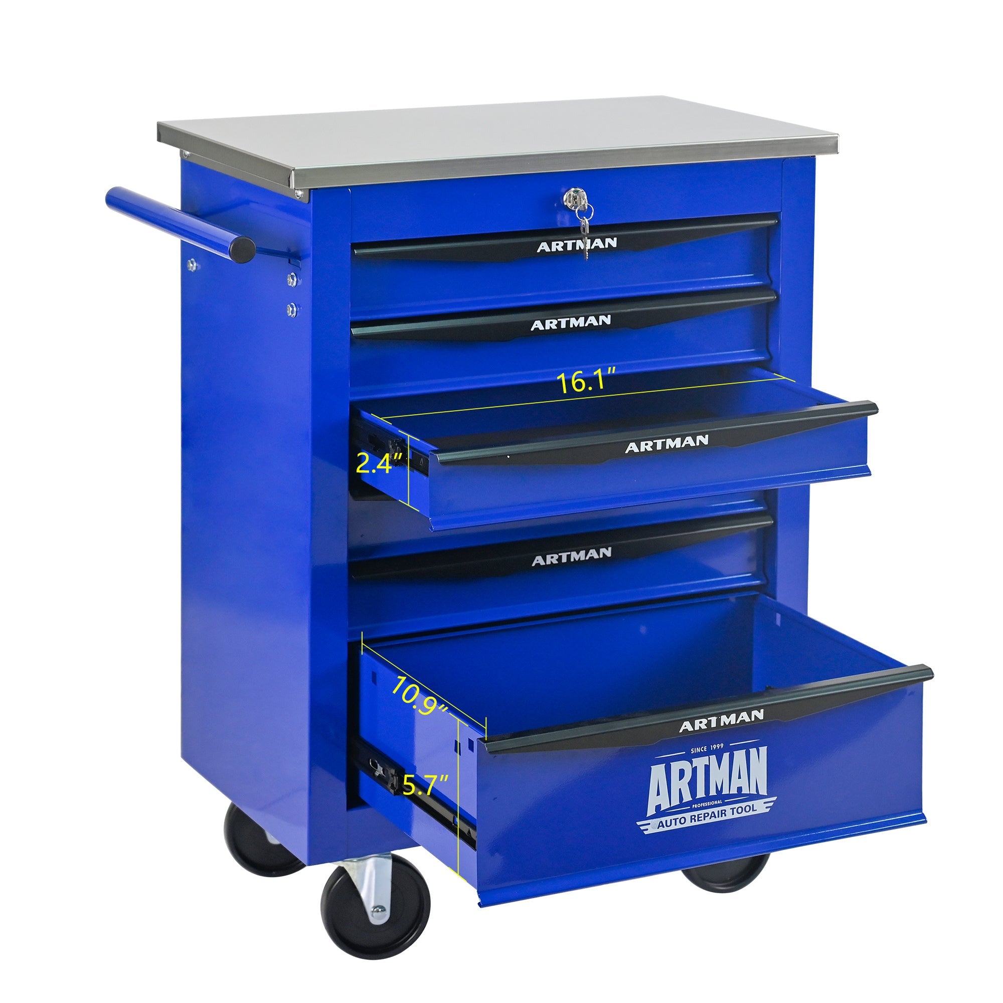 6 Drawers Multifunctional Tool Cart with Wheels,Metal Rolling Tool Cart Storage for Garage Workshop Warehouse Repair Shop--With Stainless Steel Roof- BLACK&BLUE