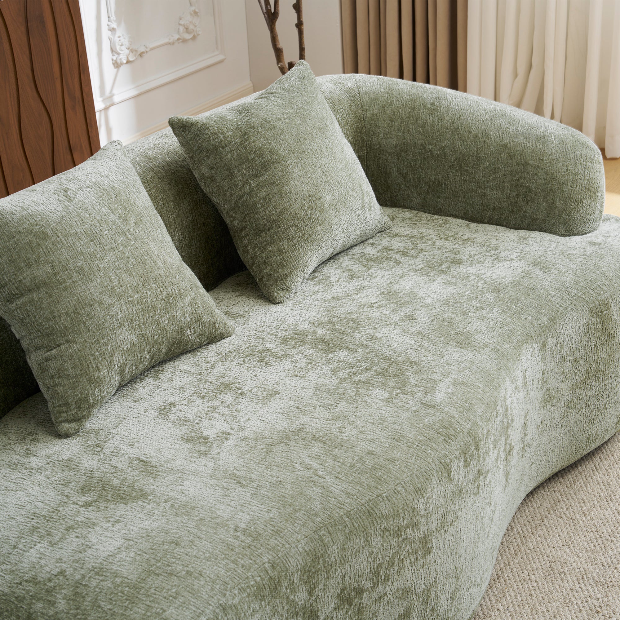 Full Compression L-Shape Sectional Sofa with Curved Chaise, Green Modular Chenille Couch, High-Density for Apartment Living Room