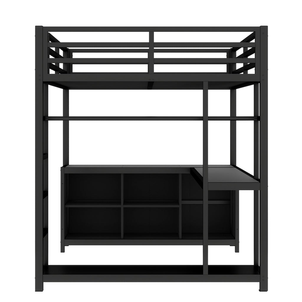 Metal Loft Bed with Wardrobe and L-shaped Desk, Full Size Loft Bed with Storage Cubes and Shelves, Loft Bed for Kids Teens Adults, Black