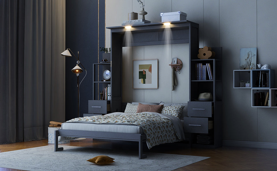 Queen Size Murphy Bed Wall Bed with Shelves, Drawers and Lights,Gray(OLD SKU:LP000566AAE-1)