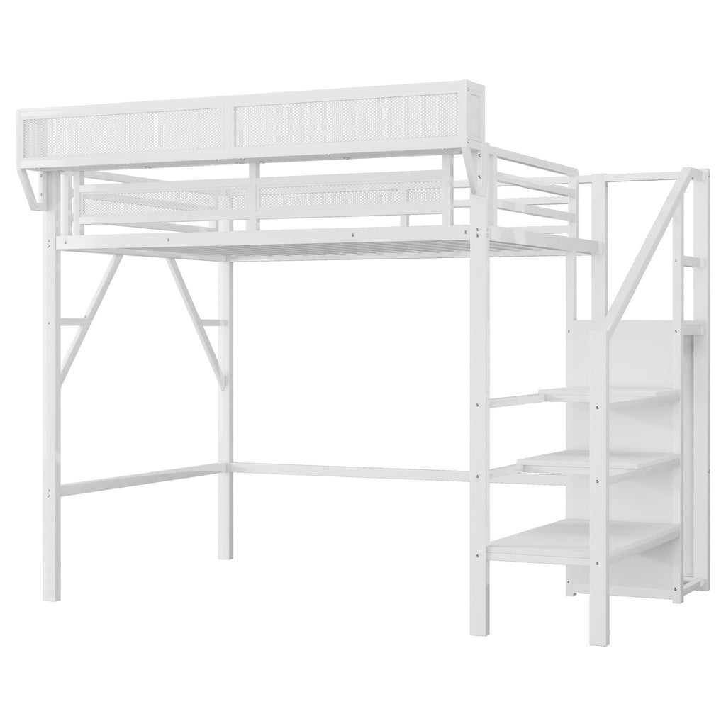 Twin Size Loft Bed with Stairs, Metal Full Loft Bed with Storage Shelves, High Loft Bed with Wardrobe for Kids Teens,White(Expect Arrival Date 2025/9/22)