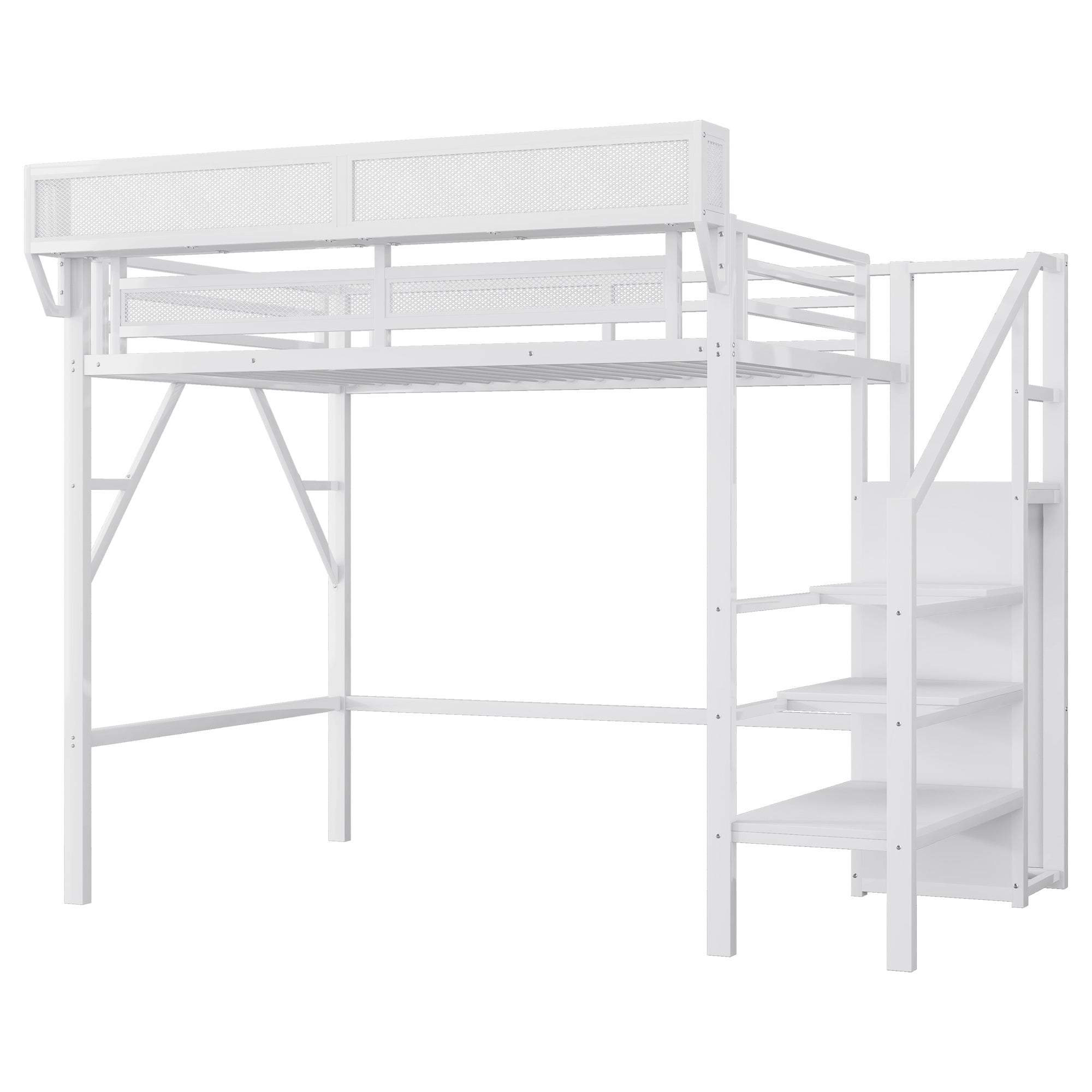 Twin Size Loft Bed with Stairs, Metal Full Loft Bed with Storage Shelves, High Loft Bed with Wardrobe for Kids Teens,White(Expect Arrival Date 2025/9/22)