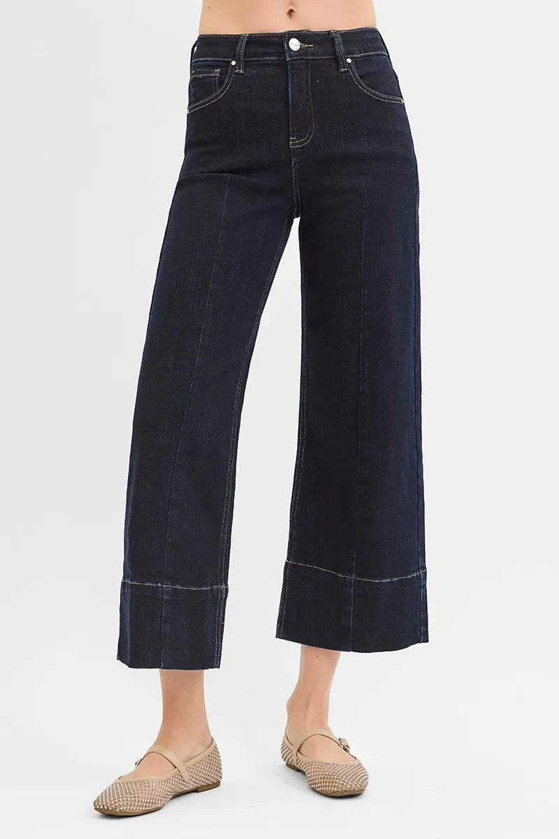 RISEN Tummy Control High Rise Crop Wide Seam Detailed Jeans