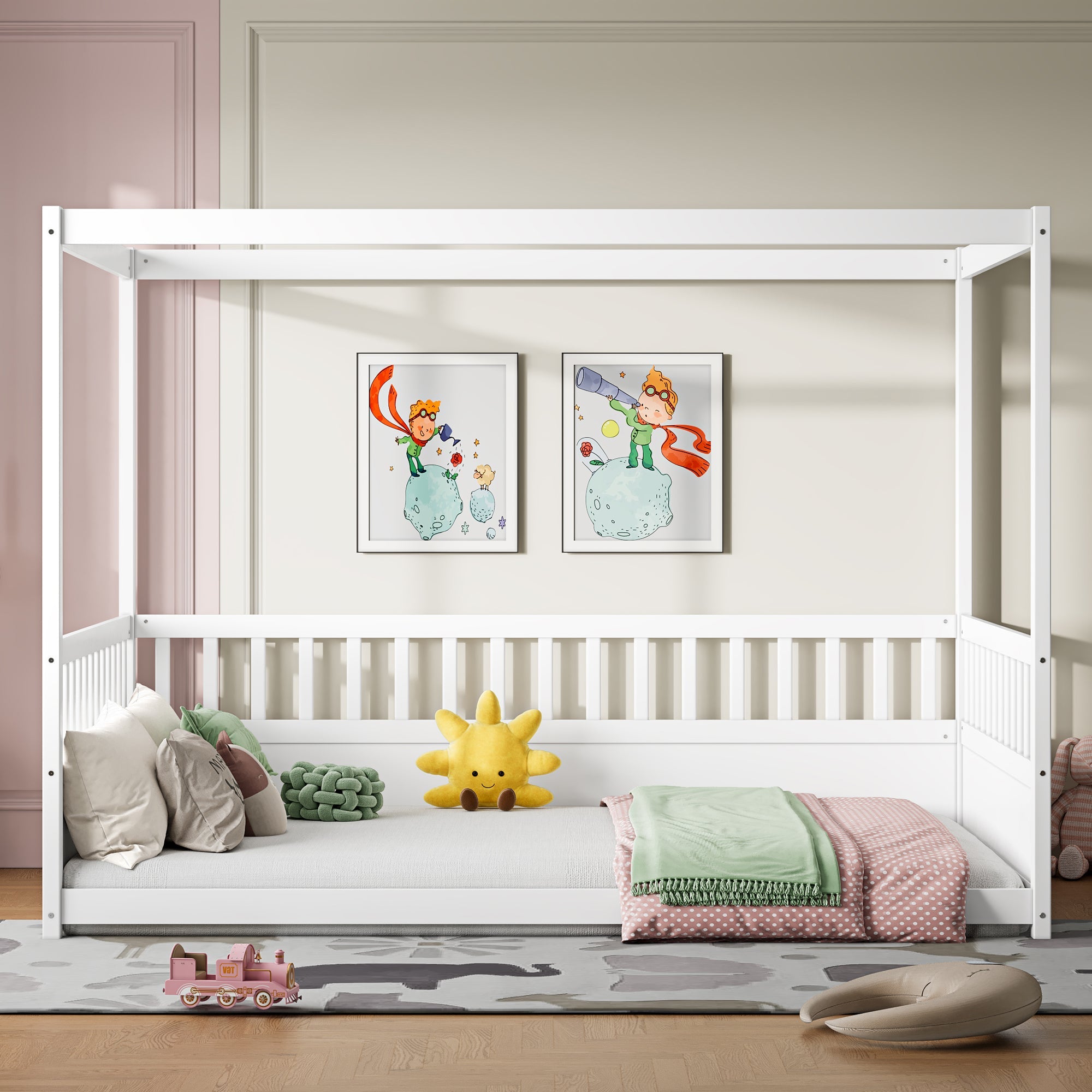 Full Size Canopy Bed Frame with Guardrails for Kids,Floor Bed Full with Four Poster Design,Kids Montessori Floor Bed,Wood Canopy Bed Frame for Girls,Boys(Full,White)