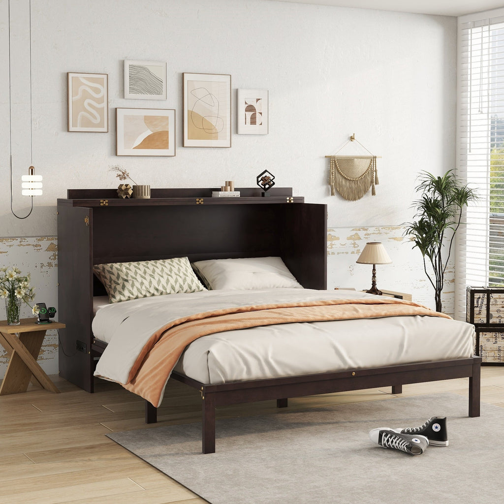 Queen Size Murphy Bed, Pine Wood Cabinet Bed with Power Station and Rattan Decoration Panel,Espresso