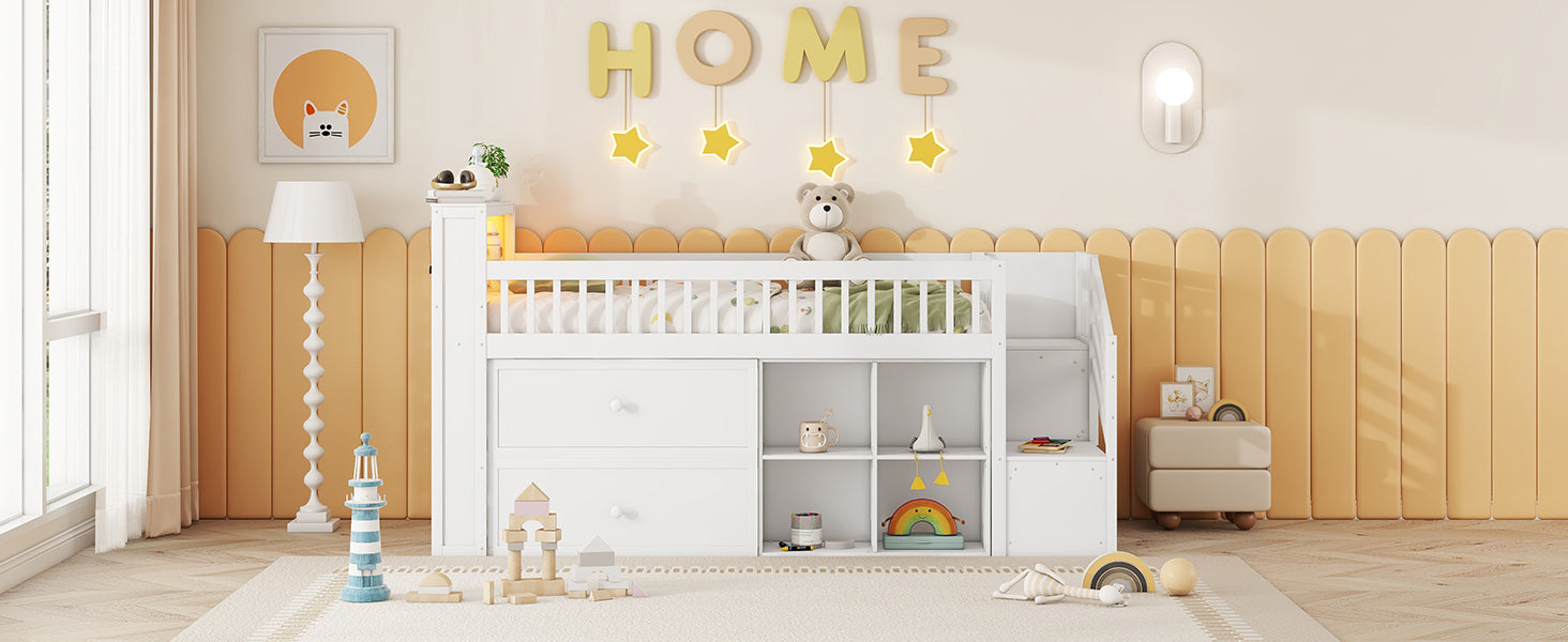 Twin Size Loft Bed with LED and Bookshelf, Wood Low Loft Bed with Stairs, Kids Twin Loft Bed with Storage Drawers and Shelves,White (Expect Arrival Date 2025/1/20)