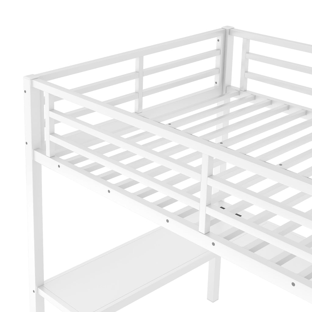 Full Size Loft Bed with L-shaped Desk and USB, Metal Loft Bed with Wardrobe and Adjustable Shelf, High Loft Bed with LED for Kids Teens Adults, White