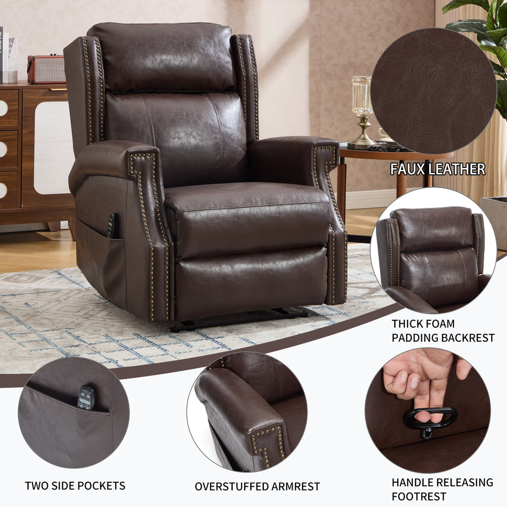 Brown Manual Recliner Chair in Faux Leather for Living Room with Heavy Duty Motion Mechanism, 8 vibrating nodes and 3 massage modes