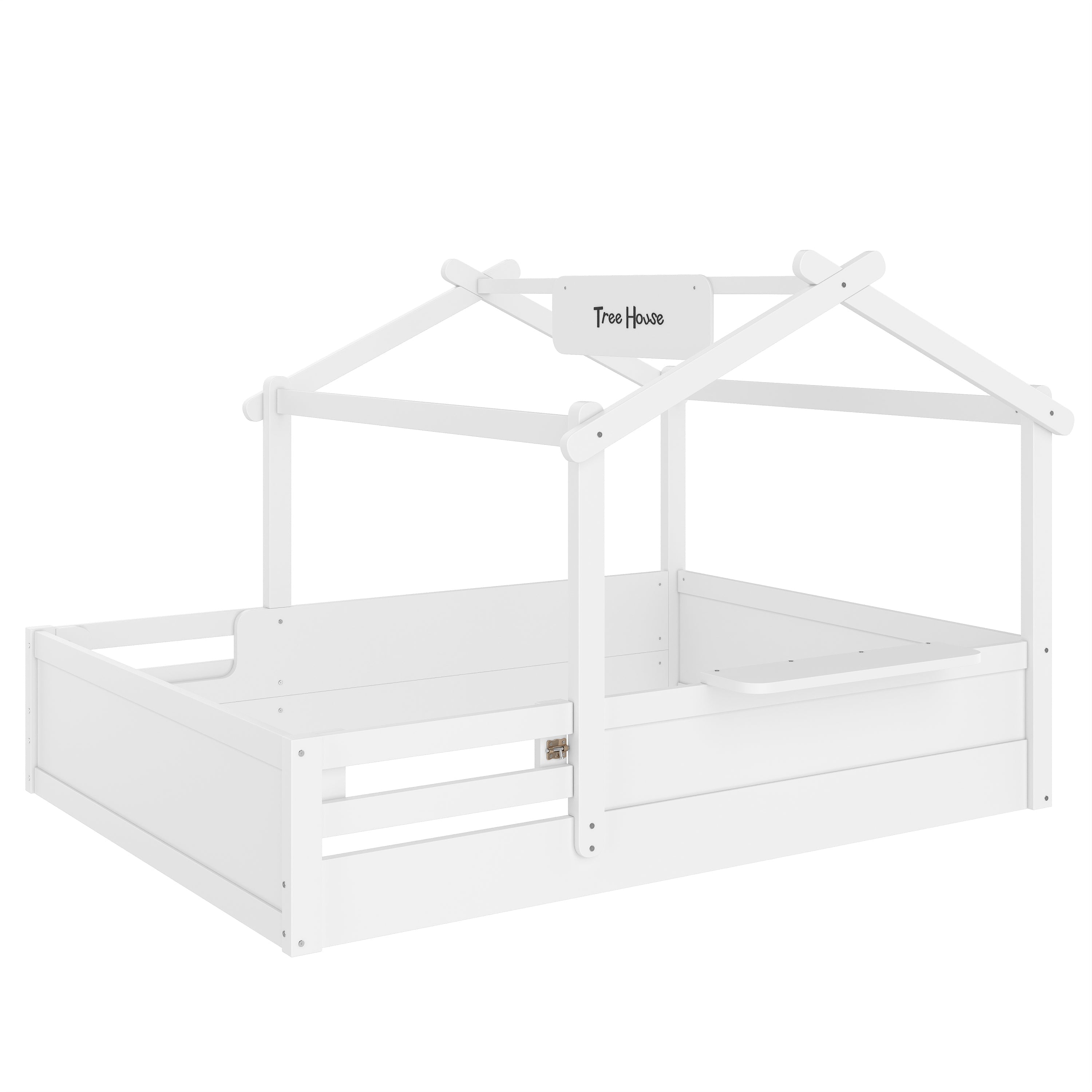 Full Size Floor Bed with Guardrails and Roof, Kids House Floor Bed with a Small Built-in Tray and Free-installed Signboard, Childlike Design, White