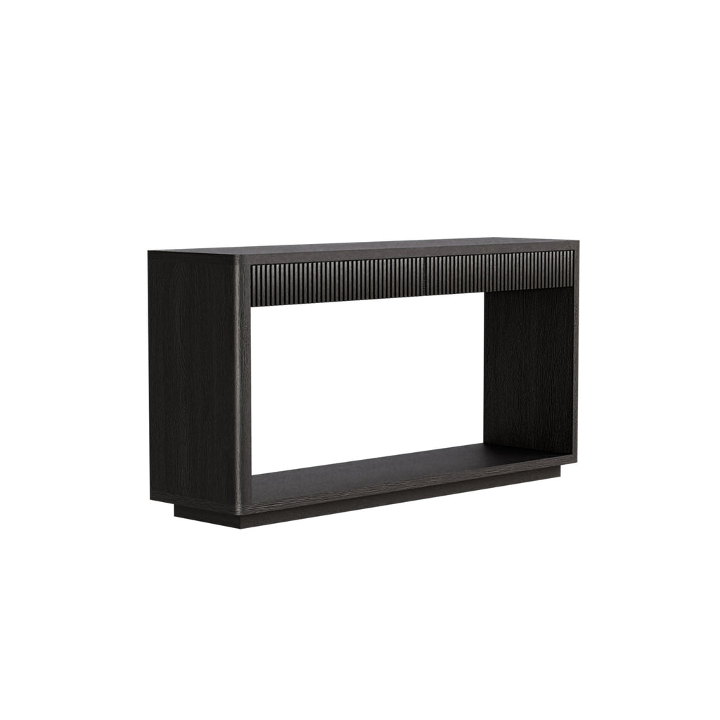 60' Modern 2-Drawer Fluted Console Table Natural Wood Veneer Sofa Table Behind Couch Table for Living Room, Hallway, Entryway, Home Office, Black