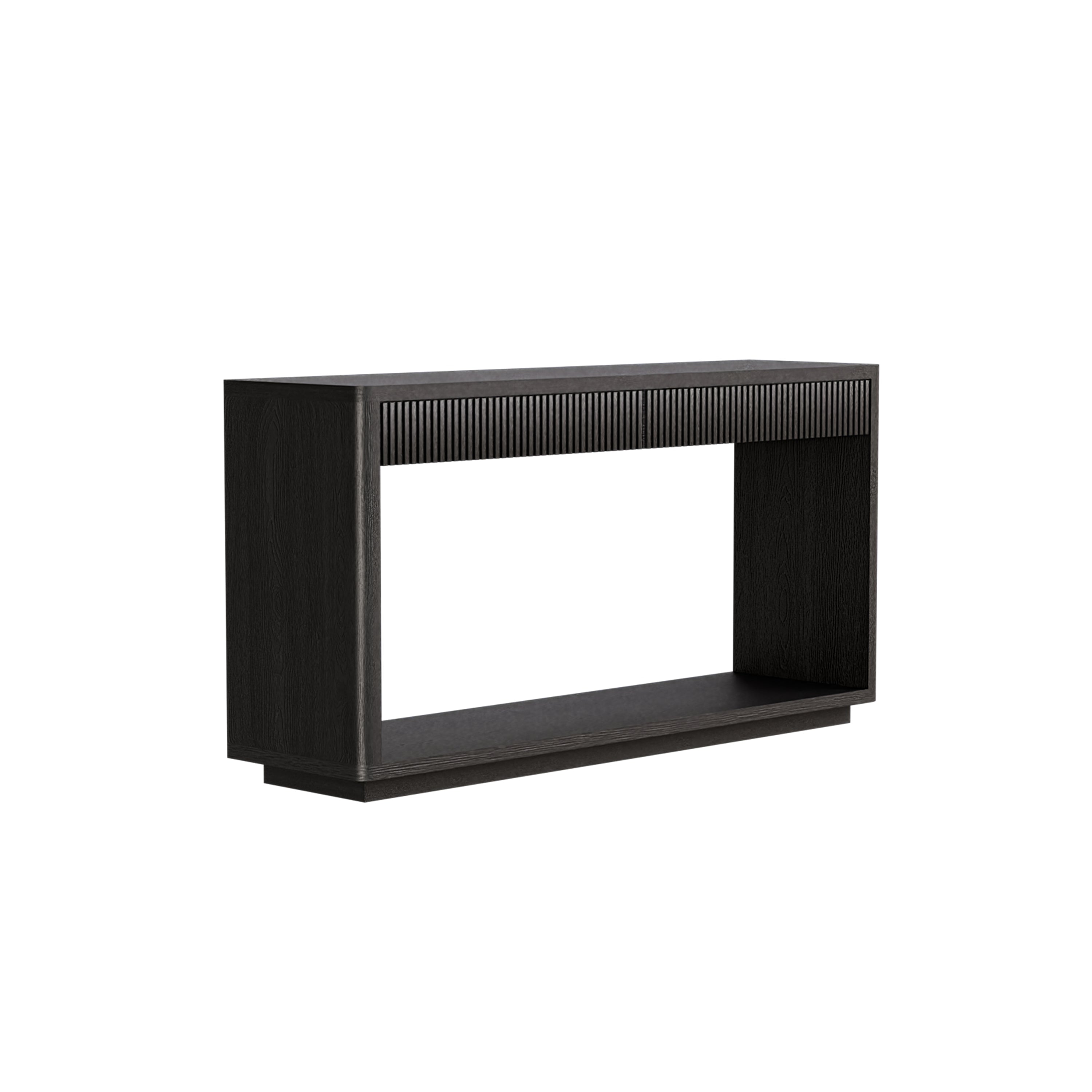 60' Modern 2-Drawer Fluted Console Table Natural Wood Veneer Sofa Table Behind Couch Table for Living Room, Hallway, Entryway, Home Office, Black