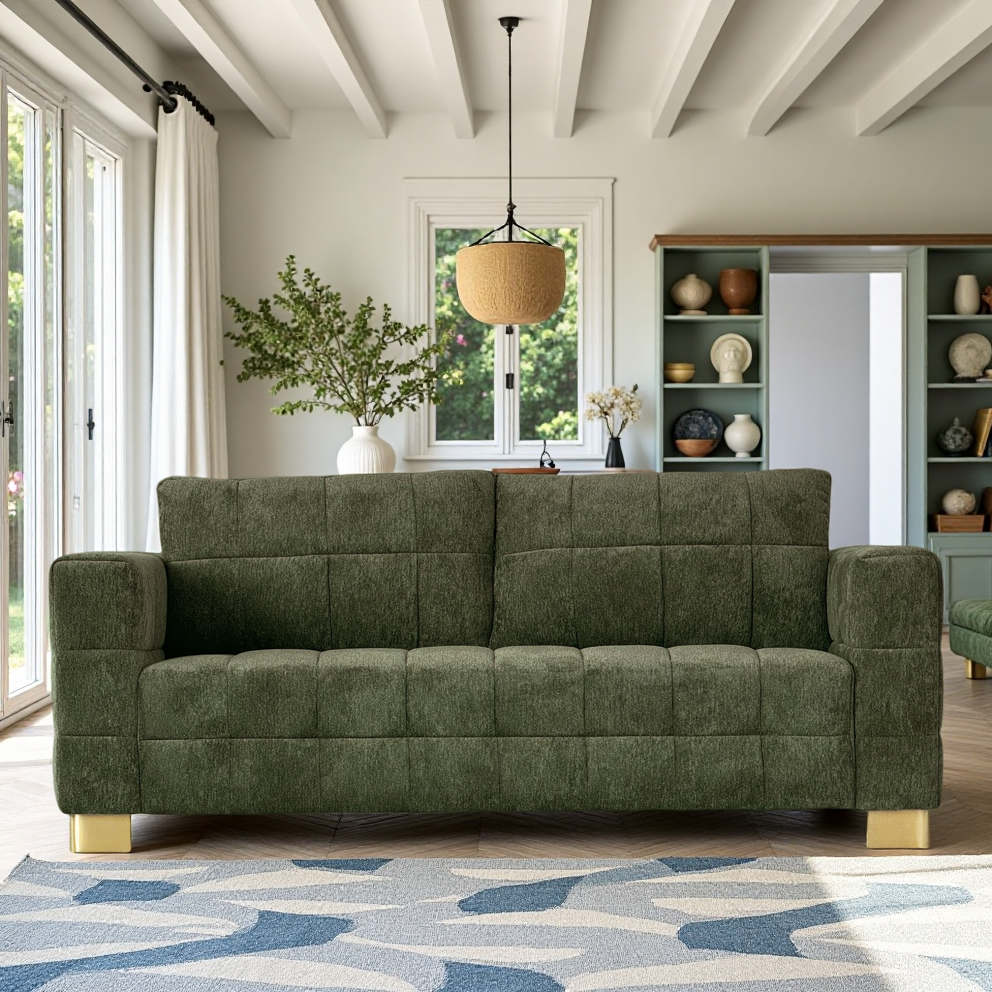 FX-P54-RG SOFA  Modern Green Chenille Sofa Couch, 3-Seater with Square-Tufted Design & Custom Stainless-Steel Legs Comfortable Living Room Couch for Apartment & Small Spaces