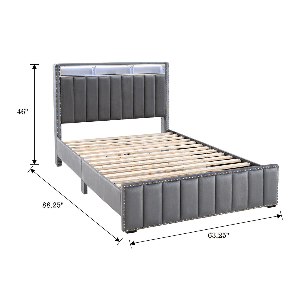Contemporary 3pc Bedroom Set Full Size Bed 2x Nightstands Bedroom Furniture Dark Gray Fabric Upholstered Bedframe w LED Nailhead Trim
