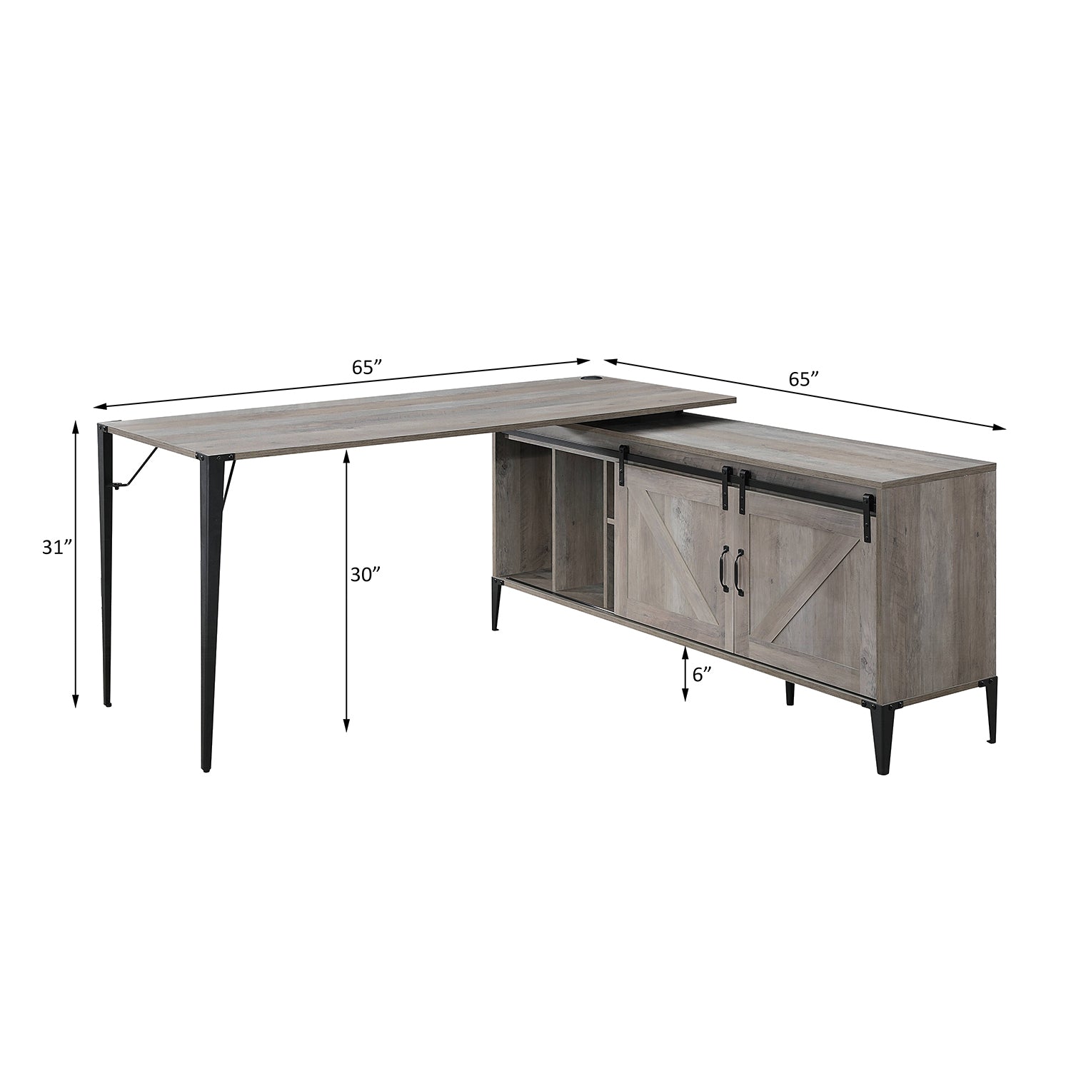 L-Shape Writing Desk with Cabinet, Gray Oak and Black