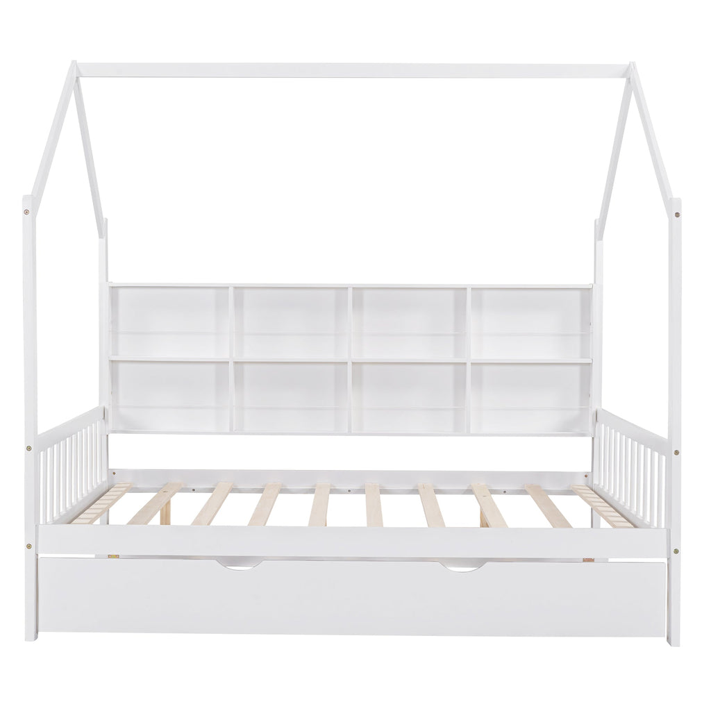 Wooden Full Size House Bed with Trundle,Kids Bed with Shelf, White (Old SKU: WF297070AAK)