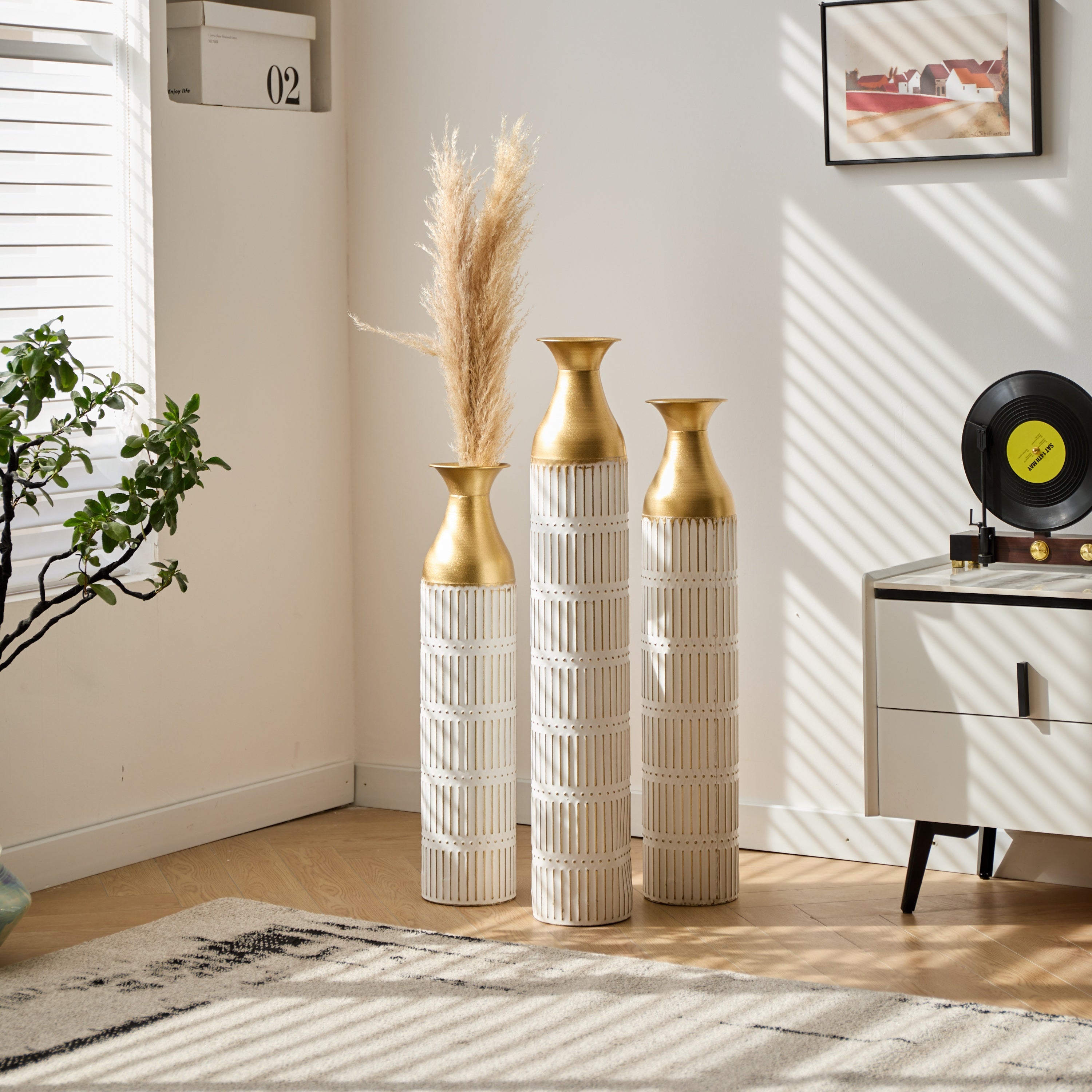Floor Metal Vases Decorated White Metal Vases Set of 3 Gorgeous Home Decoration Large Glazed Metal Vases 24in/28.7in/33.5in Height