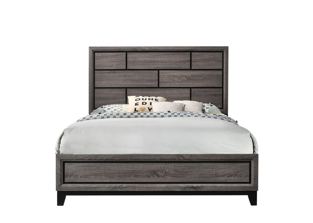 Cotemporary Gray Finish Queen Size Panel Low-profile Bed Geometric Design Wooden Bedroom Furniture
