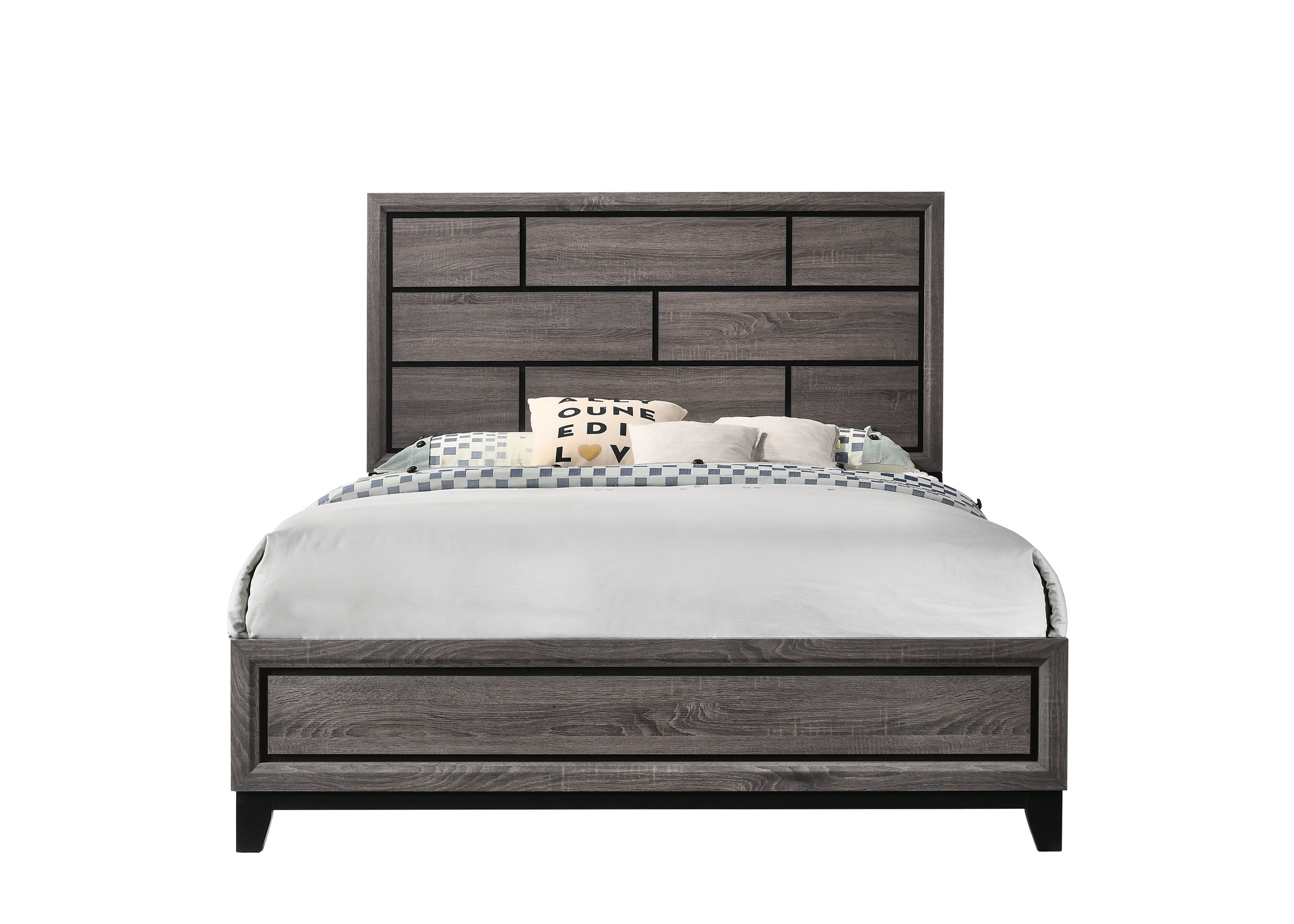 Cotemporary Gray Finish Queen Size Panel Low-profile Bed Geometric Design Wooden Bedroom Furniture
