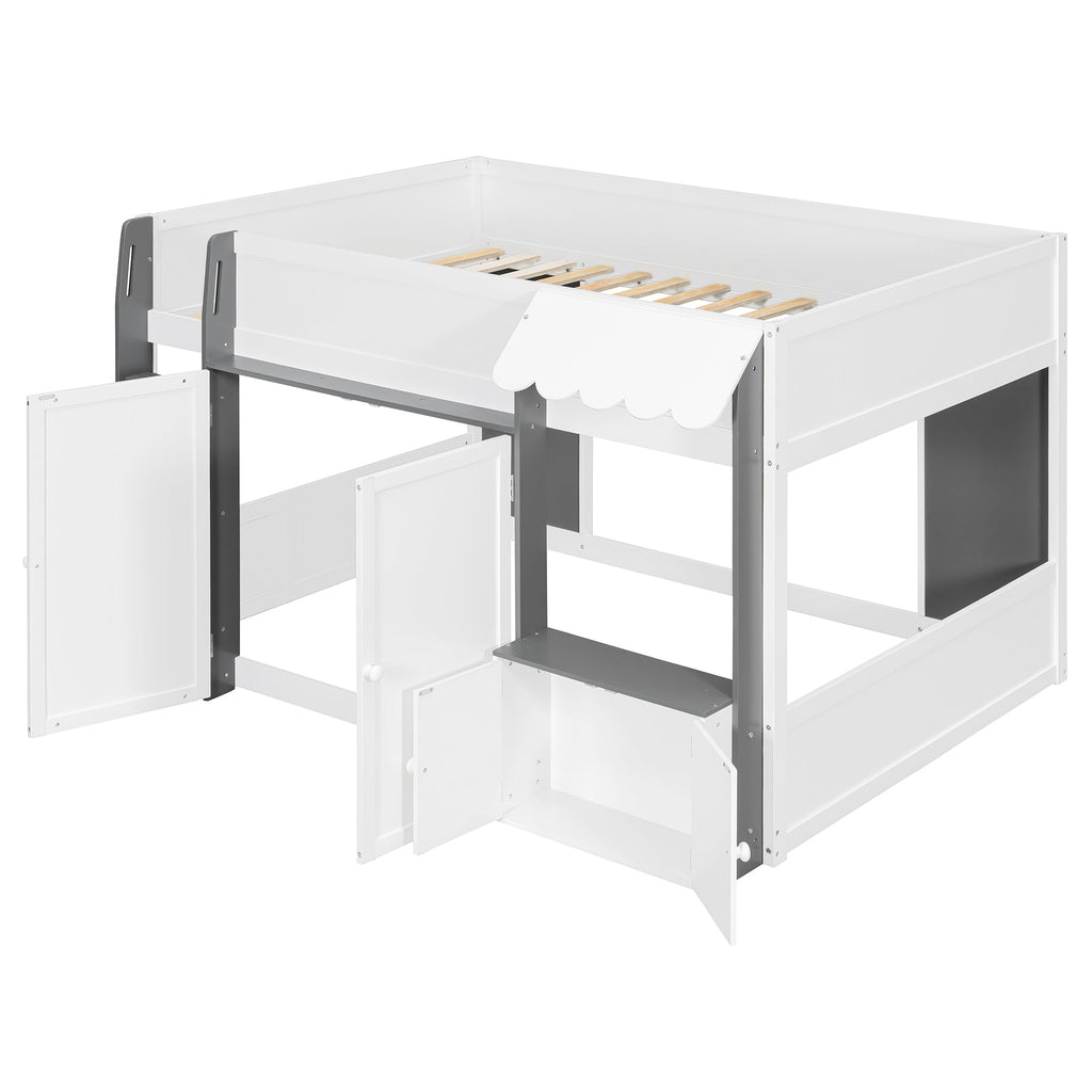Full Loft House Bed with Playhouse & Storage, Modern Wood Cabin Bed for Kids/Teens, White+Gray