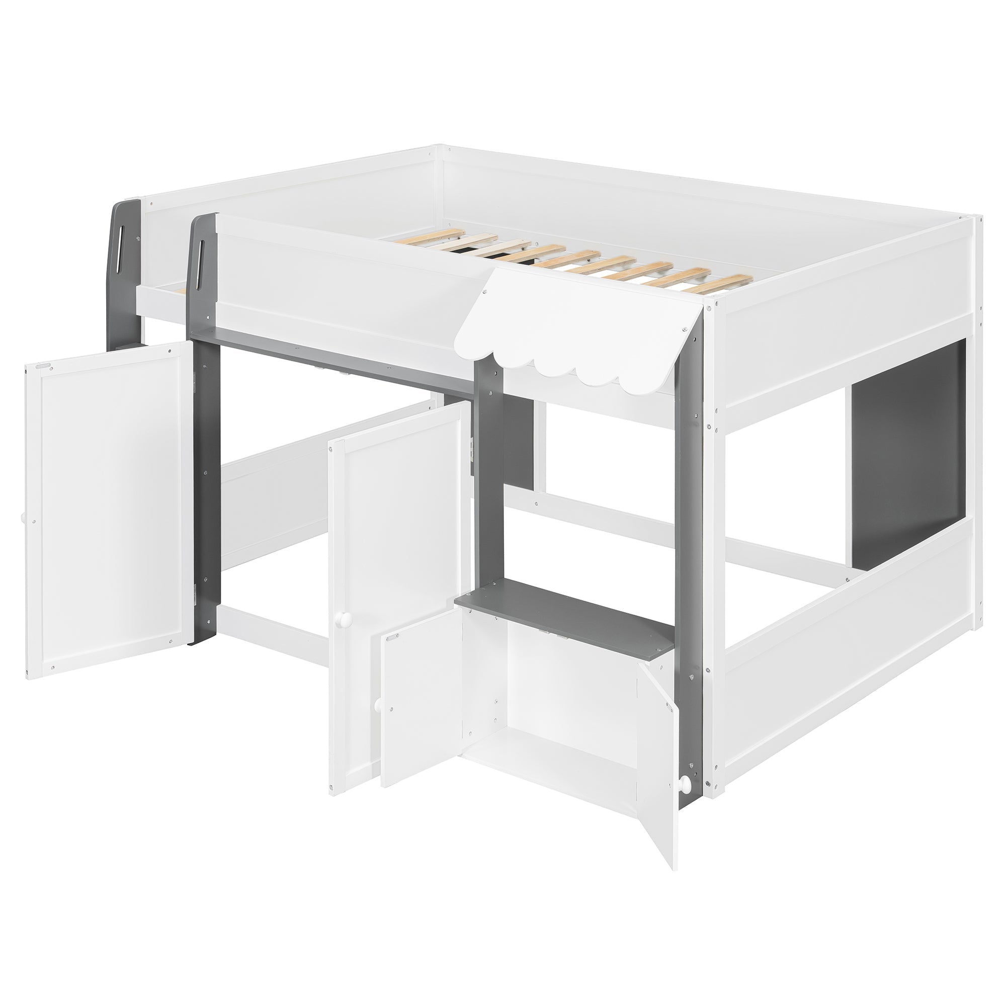 Full Loft House Bed with Playhouse & Storage, Modern Wood Cabin Bed for Kids/Teens, White+Gray