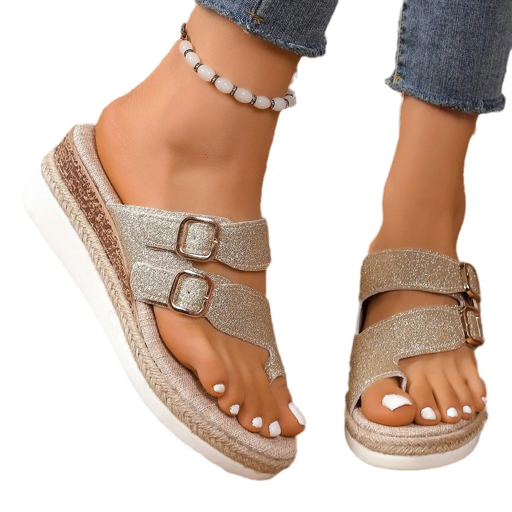 Double Buckle Wedge Sandals