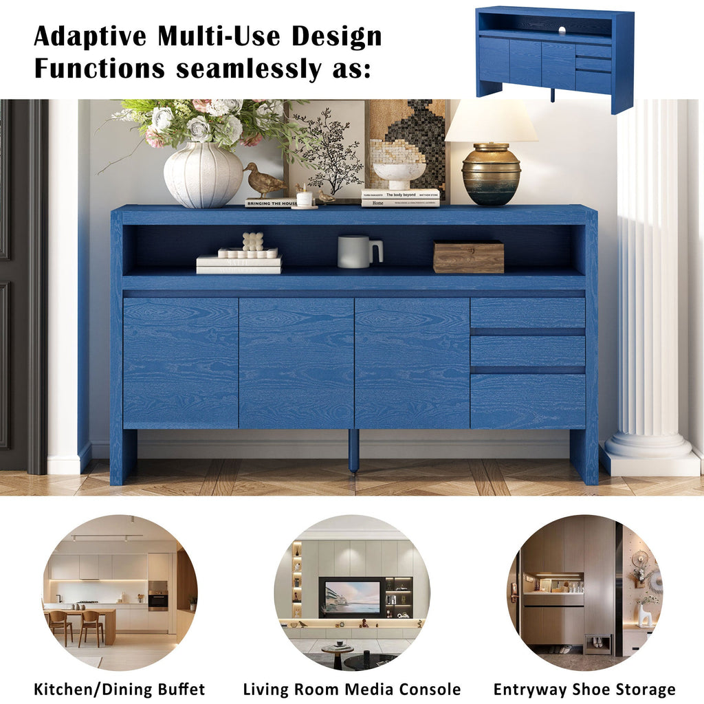 U_Style 60' 3-Door Sideboard with 3 Drawers - Modern Solid Ash Veneer MDF Sideboard, Semi-Open Shelf & Center Semi-Circular Cutout in Back Panel, Large Storage Cabinet for Living Room, Hallway, Dining