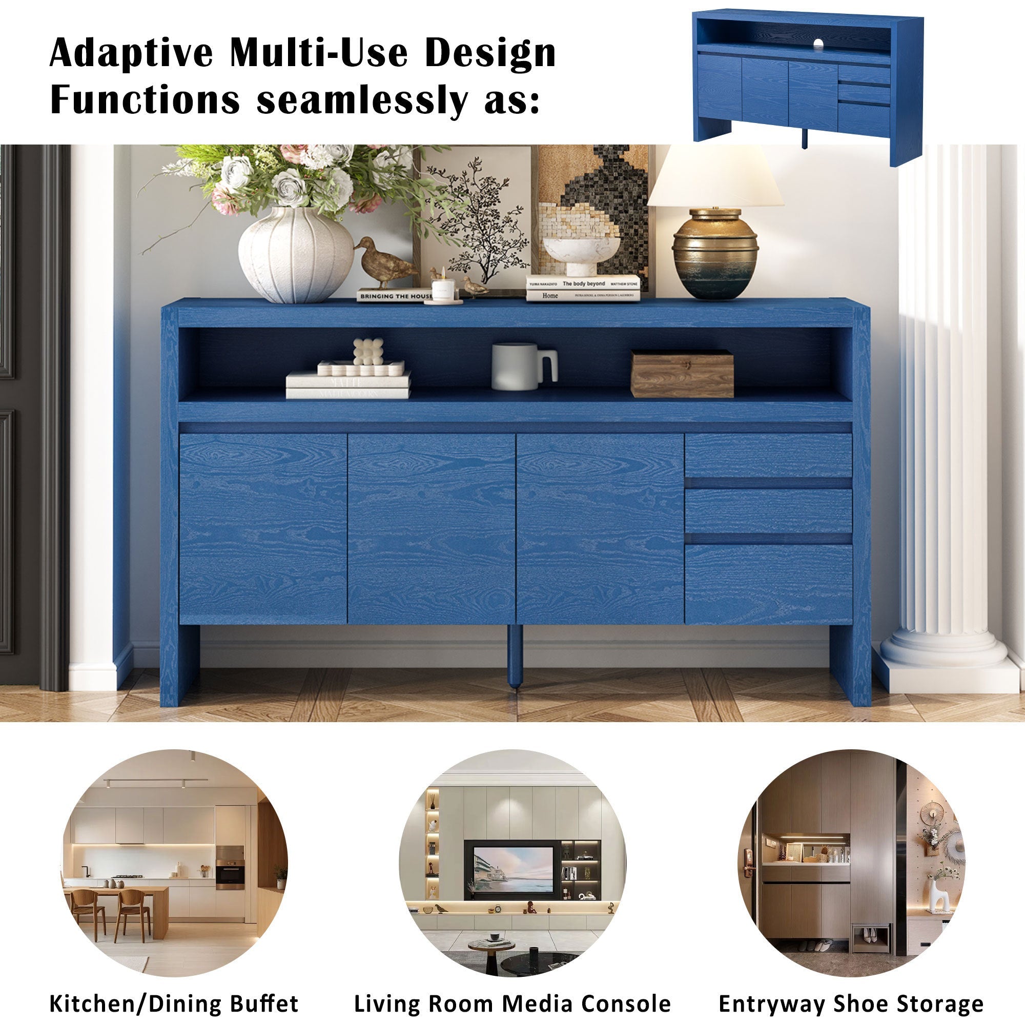 U_Style 60' 3-Door Sideboard with 3 Drawers - Modern Solid Ash Veneer MDF Sideboard, Semi-Open Shelf & Center Semi-Circular Cutout in Back Panel, Large Storage Cabinet for Living Room, Hallway, Dining