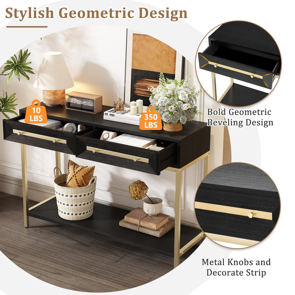 TREXM Entryway Table, Console Table with Two Drawers, Retro Hallway Table with Striking Geometric Design for Entryway and Living Room (Black)