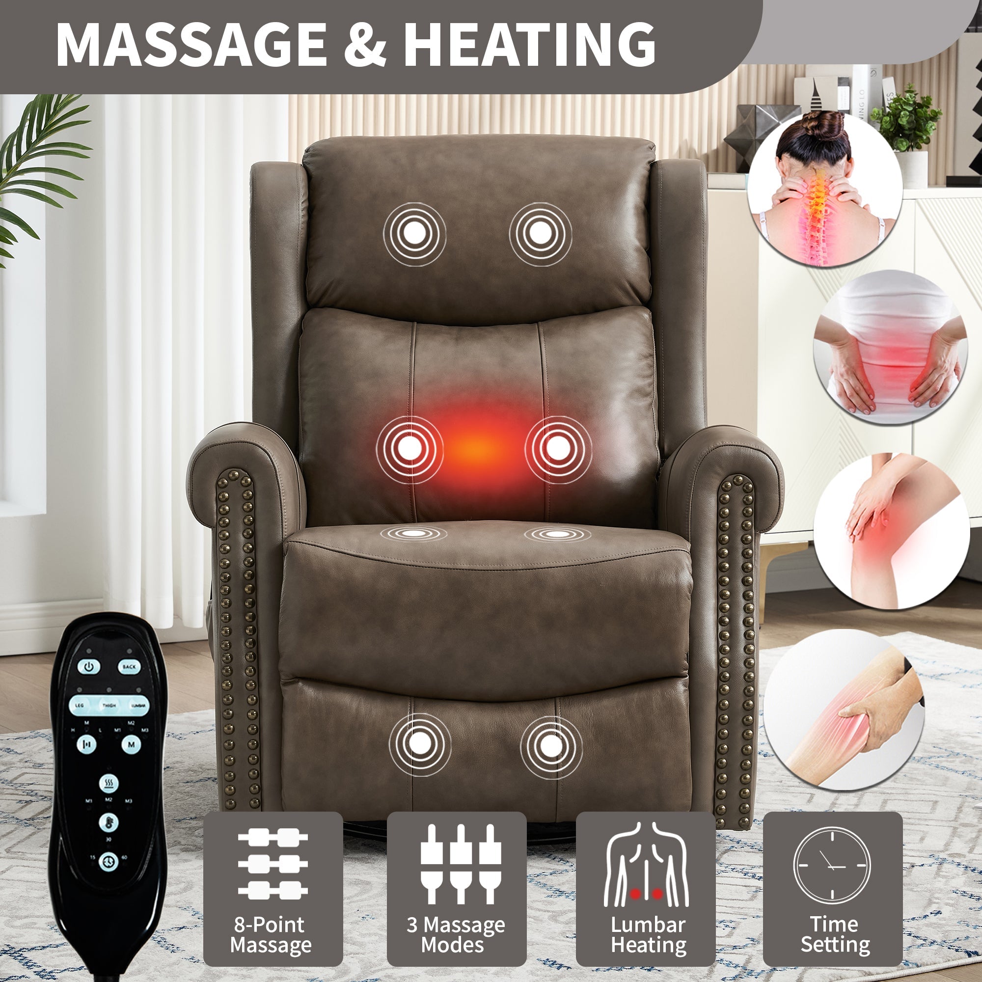 Heat Massage Manual Recliner Chair with Rocker and Swivel in Genuine leather for Living Room