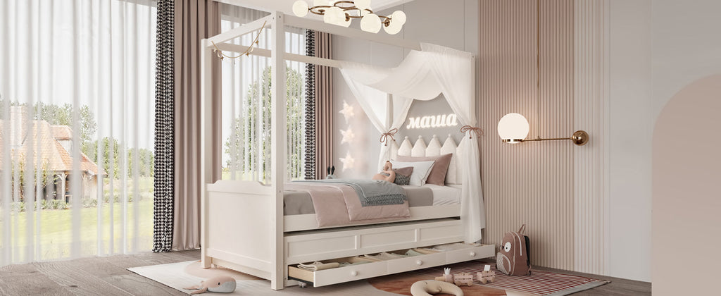 Twin Platform Bed with Upholstered Headboard,Twin Size Trundle and 3 Drawers,Princess Canopy Bed Frame for Kids,Storage & Easy Assembly,Beige