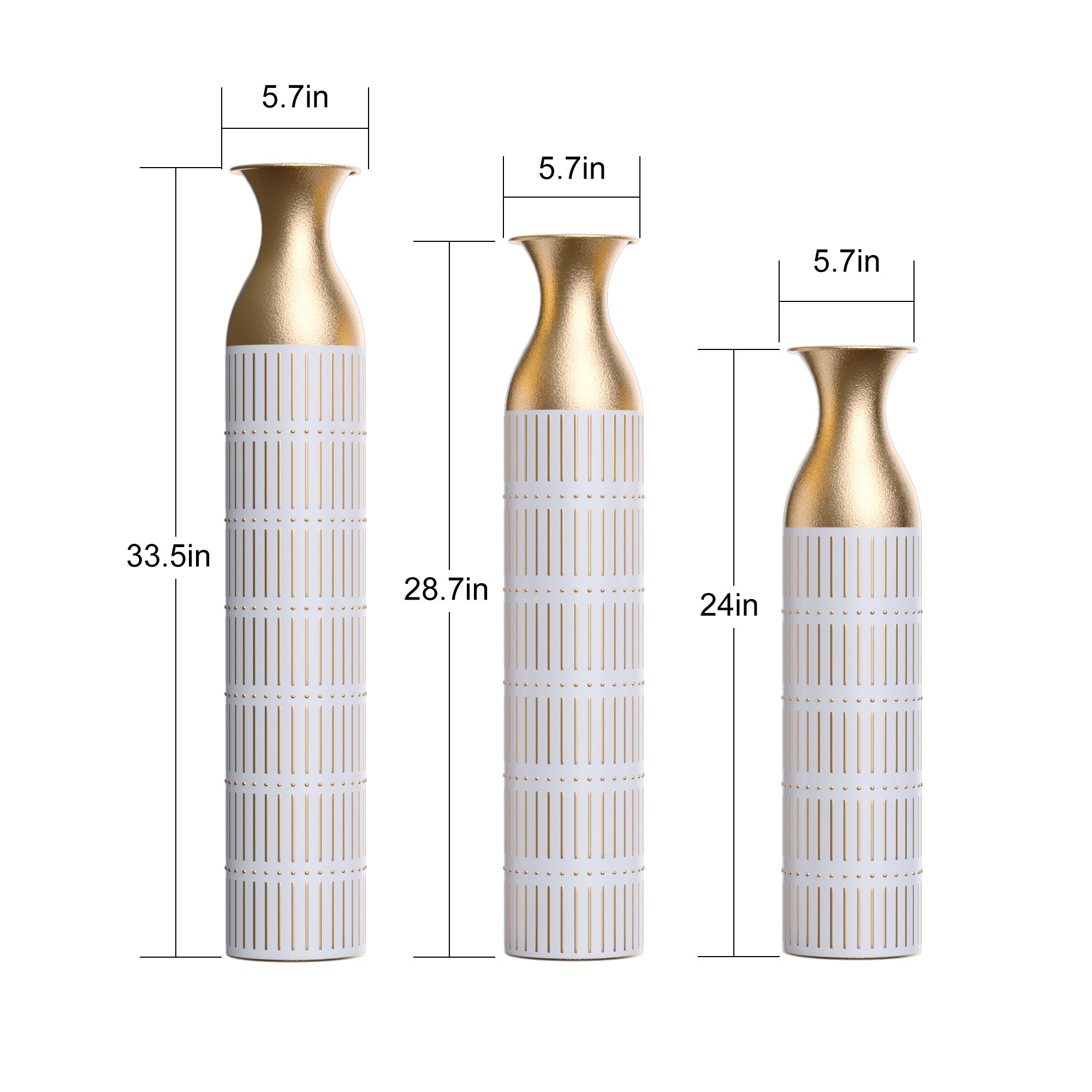 Floor Metal Vases Decorated White Metal Vases Set of 3 Gorgeous Home Decoration Large Glazed Metal Vases 24in/28.7in/33.5in Height