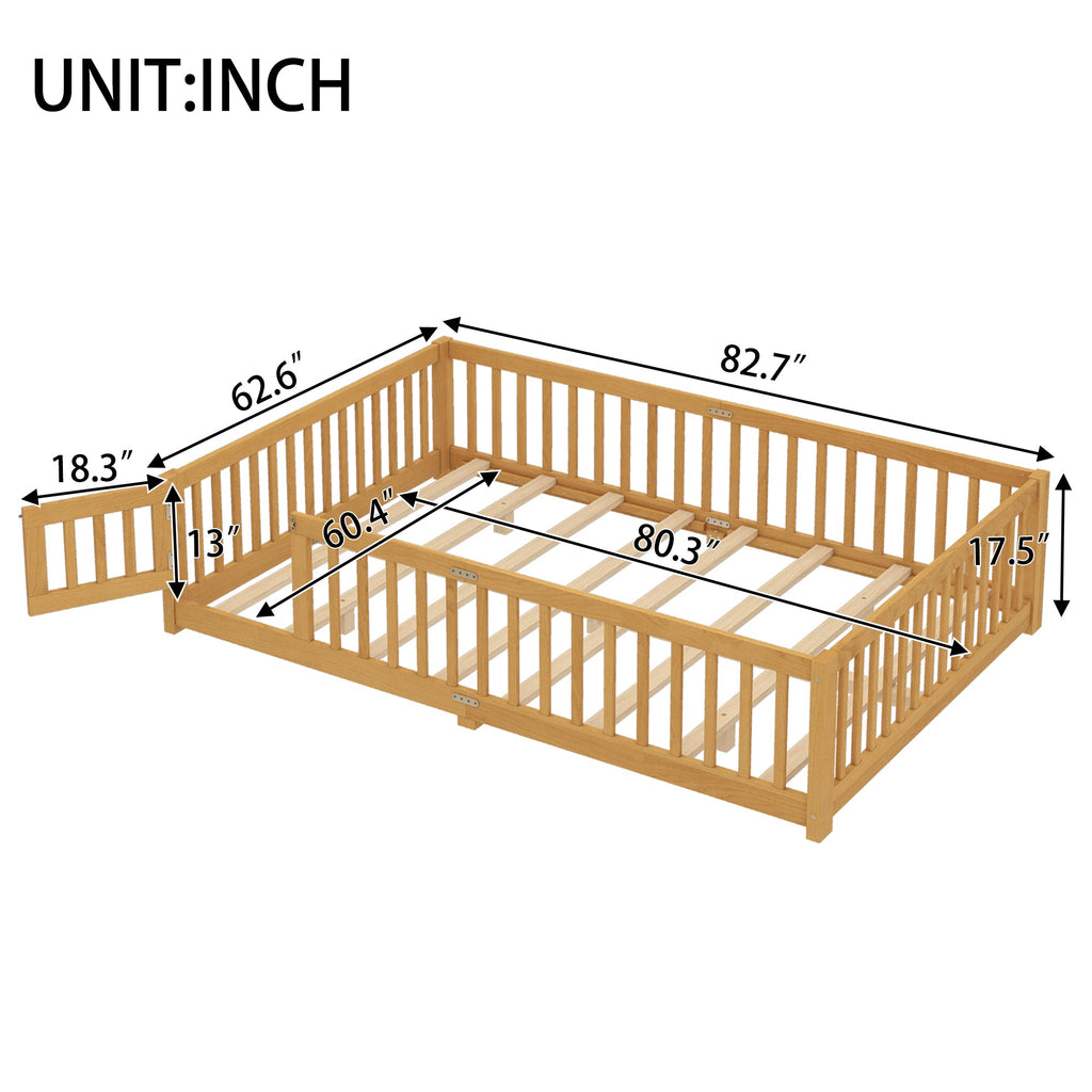 Queen Size Bed Floor Bed with Safety Guardrails and Door for Kids, Natural( Old SKU:W1580P154630)