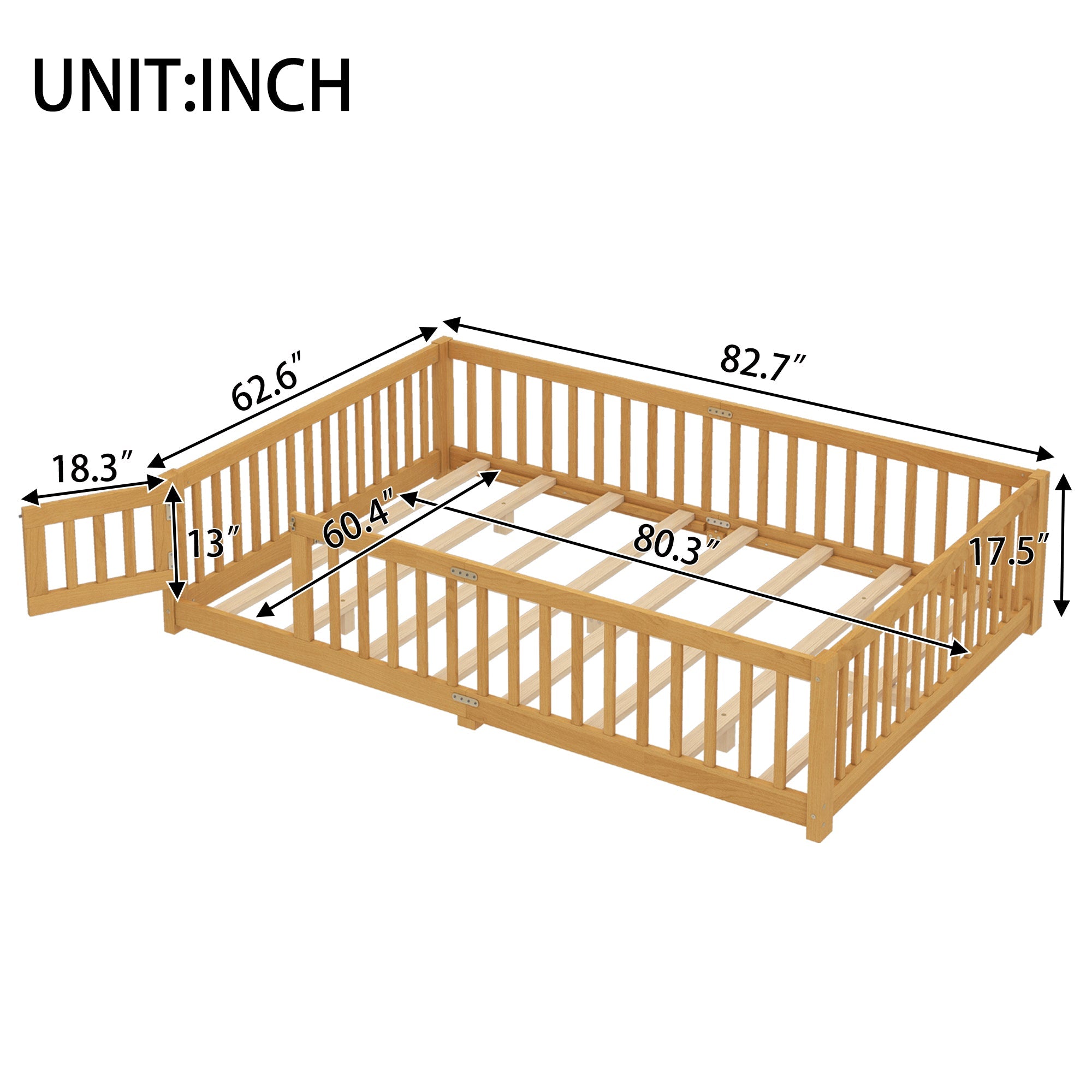 Queen Size Bed Floor Bed with Safety Guardrails and Door for Kids, Natural( Old SKU:W1580P154630)
