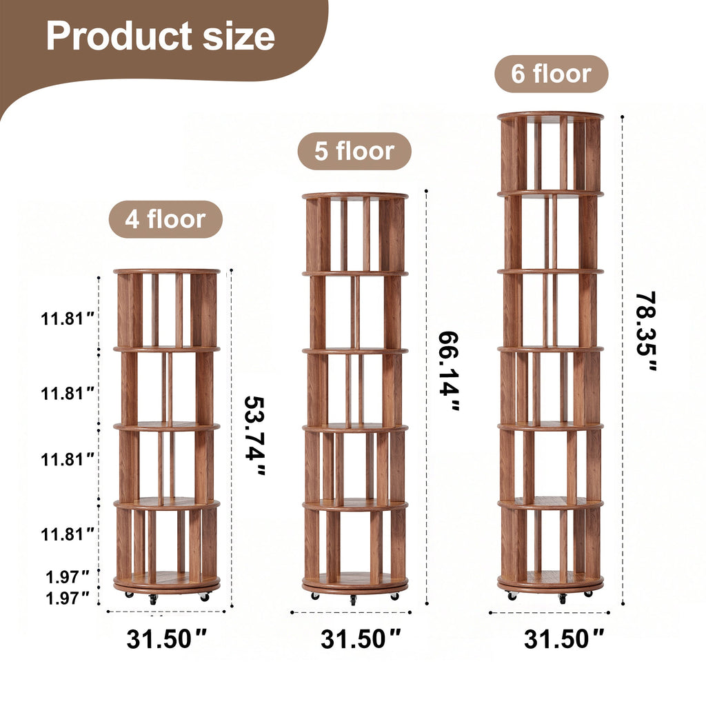 100%Solid Wood Rotating Bookshelf on Wheels,5 Tier, Round Revolving Bookcase, 360° Spinning Book Shelf Tower for Kids, Narrow Rolling Bookshelves for Small Space, Corner, Bedroom, Office, Walnut