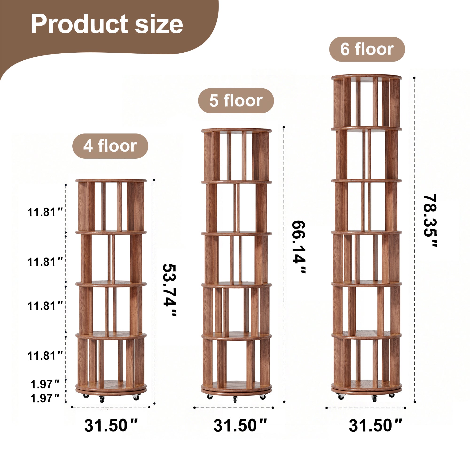100%Solid Wood Rotating Bookshelf on Wheels,5 Tier, Round Revolving Bookcase, 360° Spinning Book Shelf Tower for Kids, Narrow Rolling Bookshelves for Small Space, Corner, Bedroom, Office, Walnut