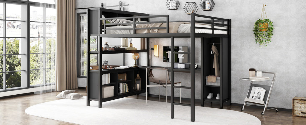 Metal Loft Bed with Wardrobe And L-shaped Desk, Queen Size Loft Bed with Storage Cubes and Shelves, Heavy Duty Loft Bed for Kids Teens Adults, Black