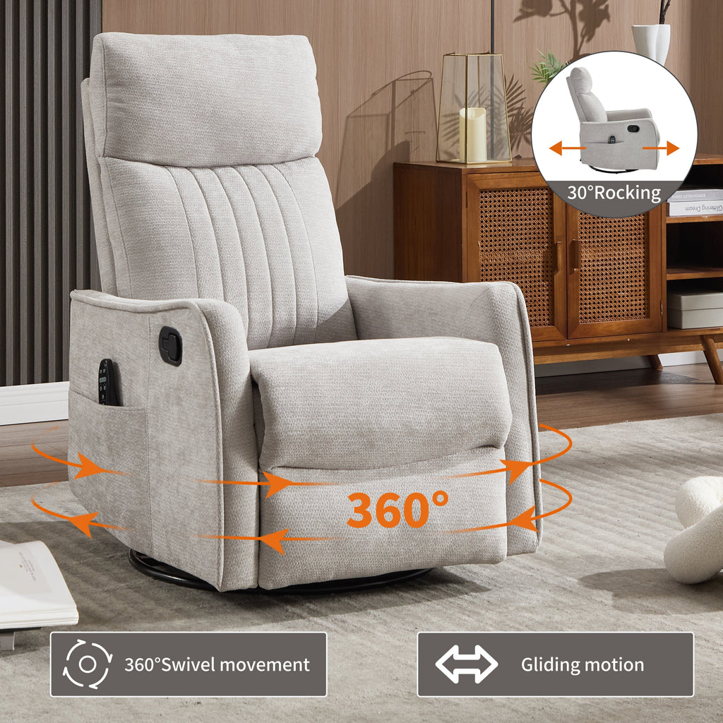 Light Grey Heat Massage Manual Recliner Chair with Rocker and Swivel in Fabric for Living Room