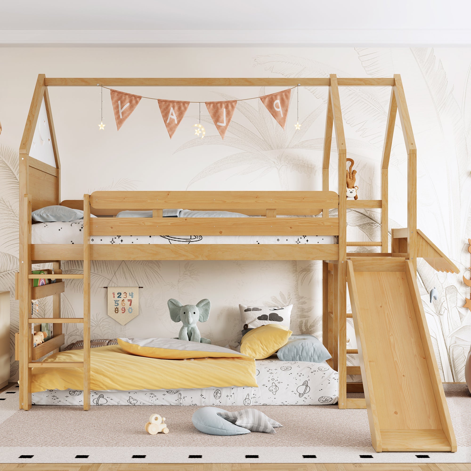 Twin Size Loft Bed with Bookshelf Playful Design for Kids House-Shaped Structure with Slide High-Quality Safety Rails,Natural