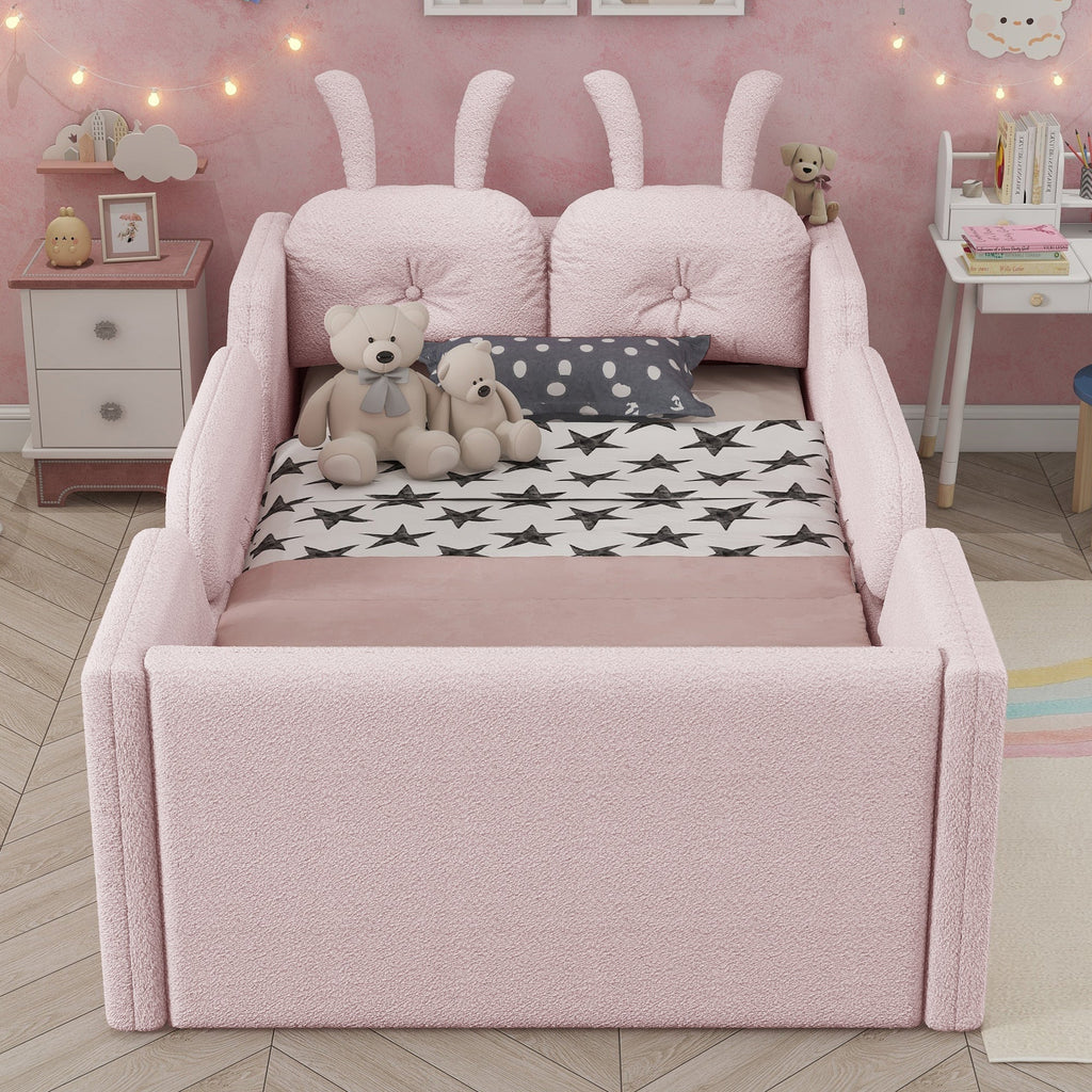 Twin Size Upholstered Platform Bed with Rabbit Cushion, Kids Floor Upholstered Bed with Removable Side Rails, Pink(Expect Arrival Date 2025/1/15)