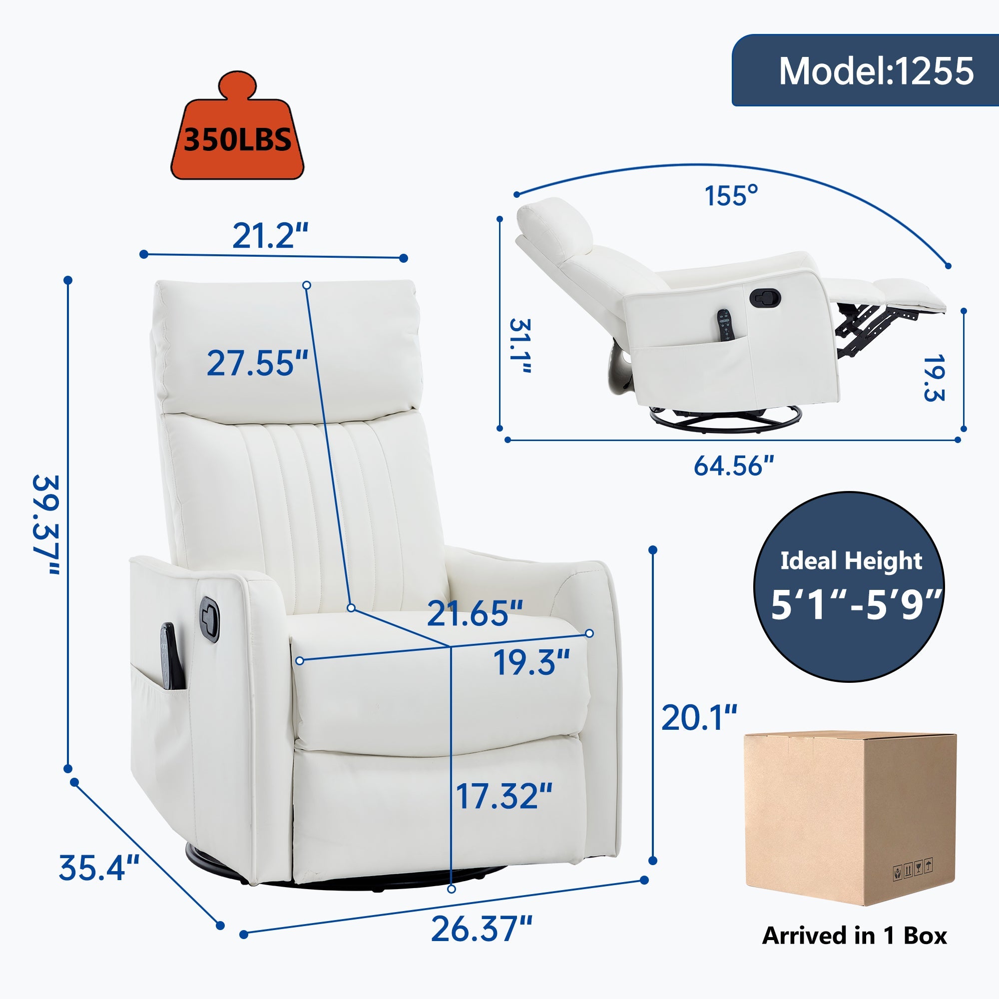 White Heat Massage Manual Recliner Chair with Rocker and Swivel in Faux Leather for Living Room