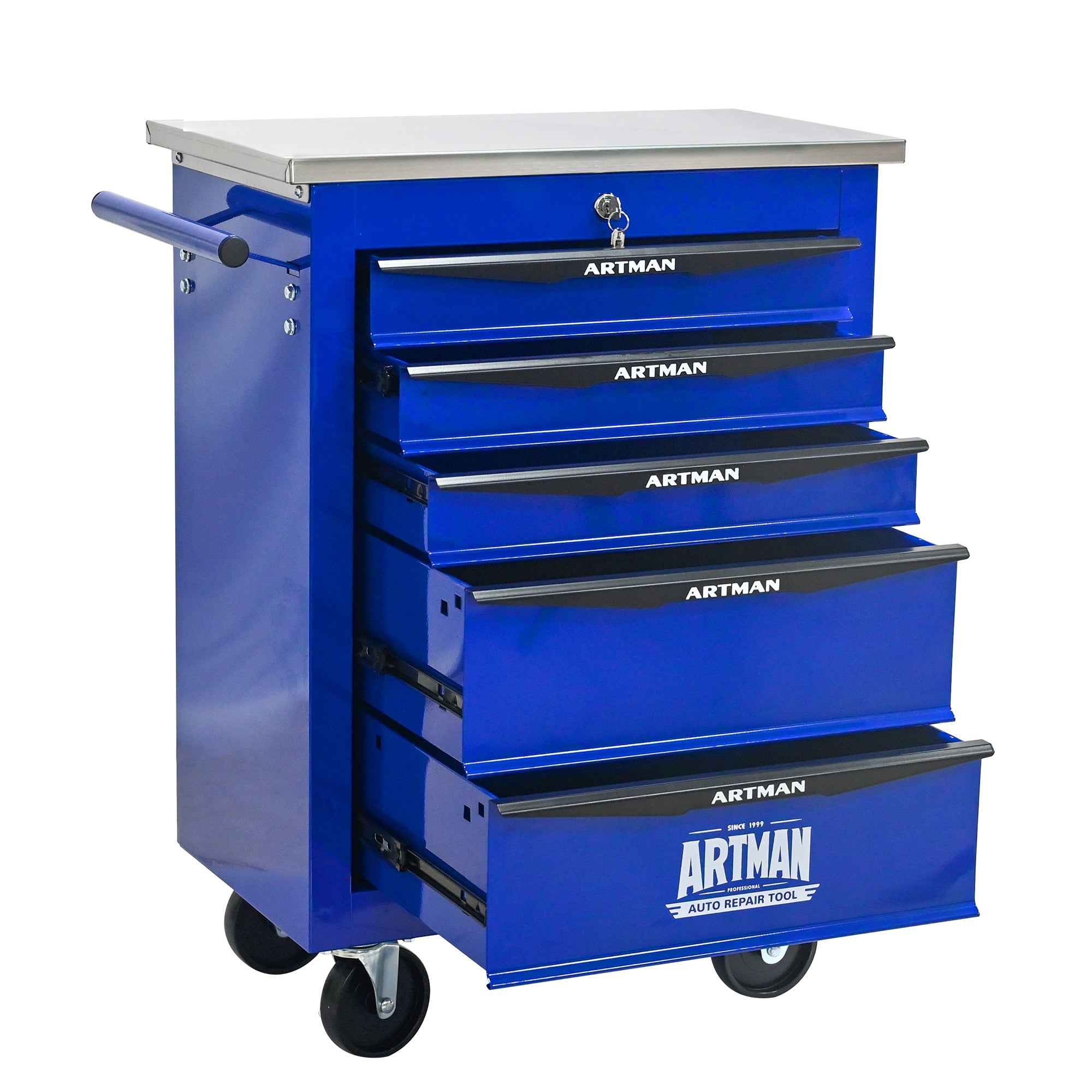 5 Drawers Multifunctional Tool Cart with Wheels,Metal Rolling Tool Cart Storage for Garage Workshop Warehouse Repair Shop--With Stainless Steel Roof- BLACK&BLUE