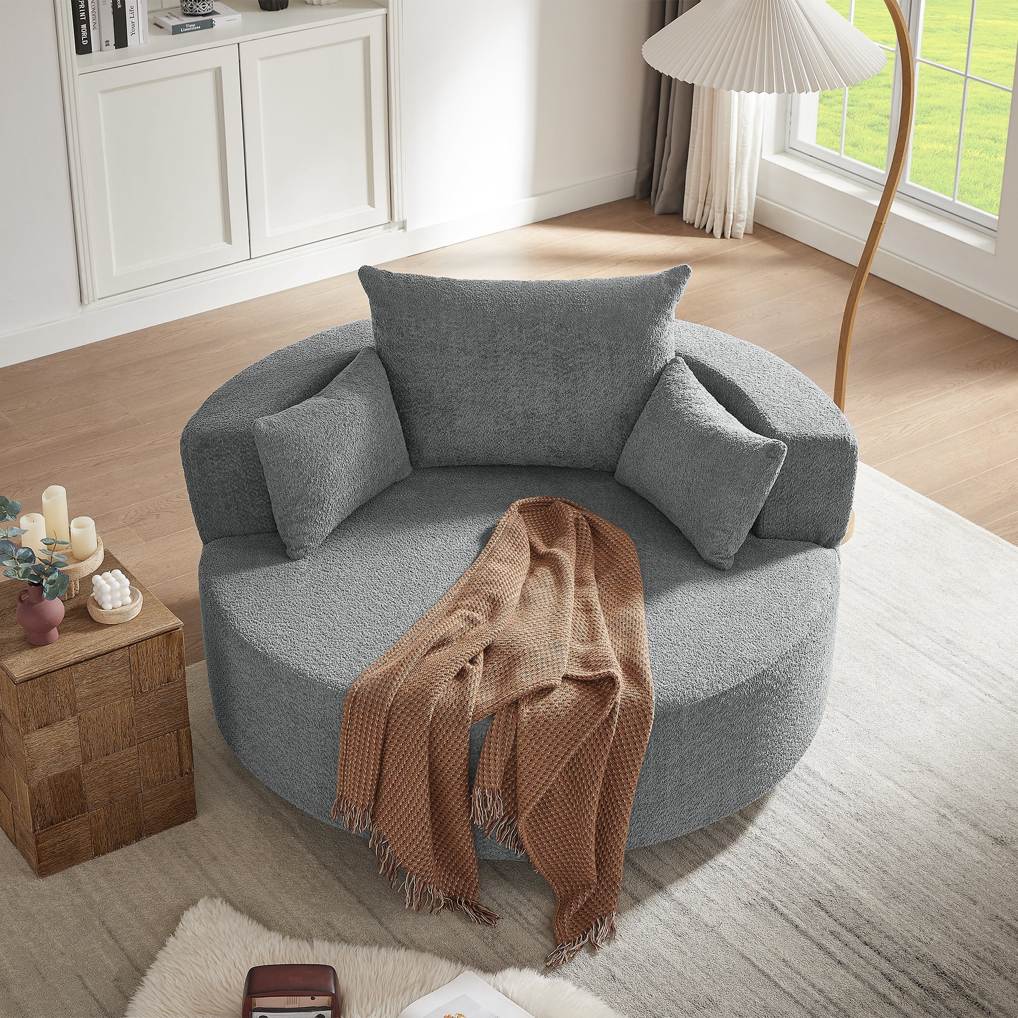 Modern Accent Swivel Barrel Chair with Removable Pillows, Grey Chenille, 56.3x56.3x35.5 in