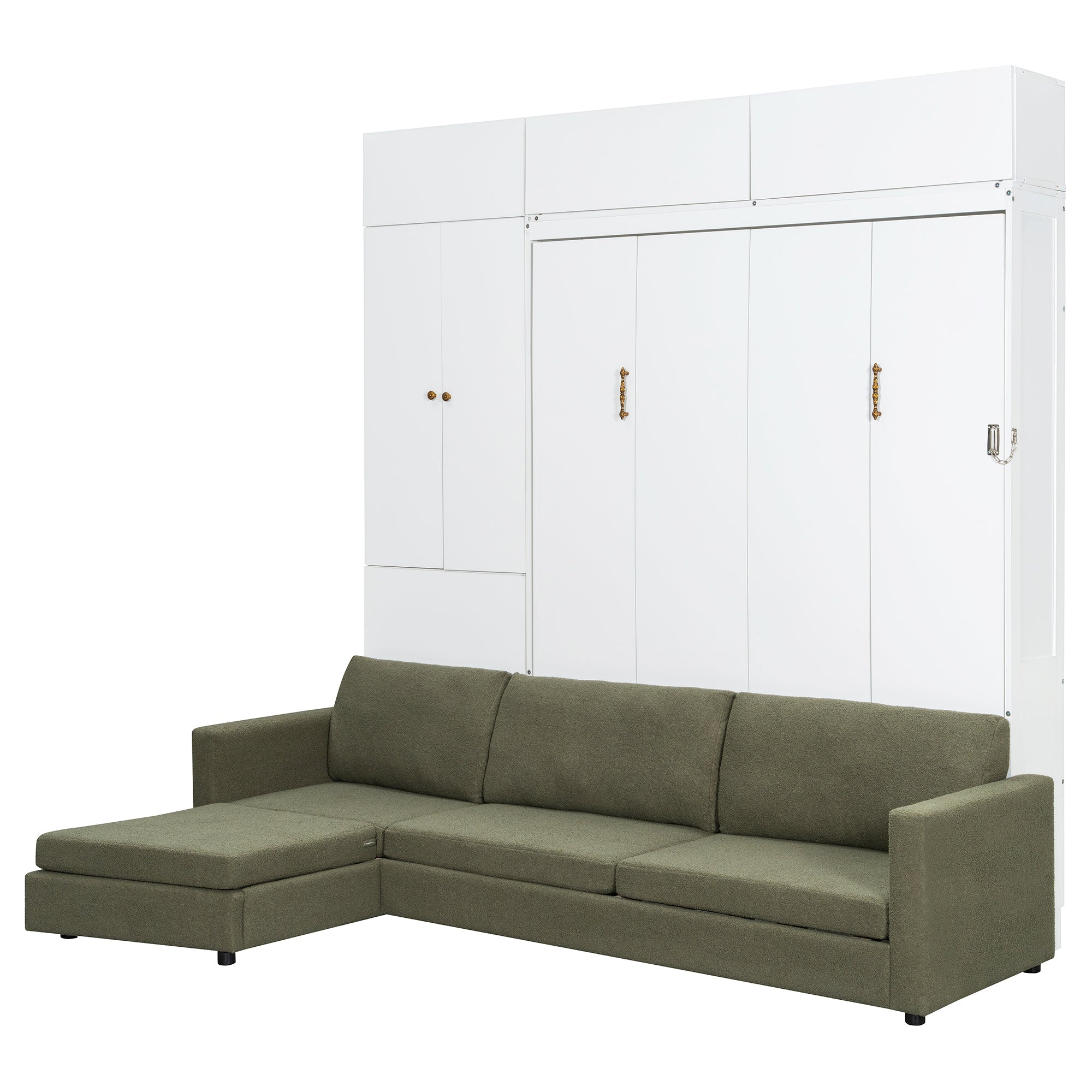Queen Size Murphy Bed Wall Bed with Sofa and Shelves,White Panel, Green Sofa