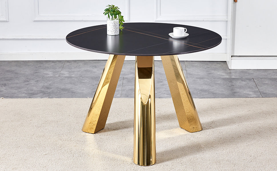 The 42-inch stainless steel gold-plated flamed granite round table with seating for 4 or 6 people is perfect for dining, entertaining, or as a conference table