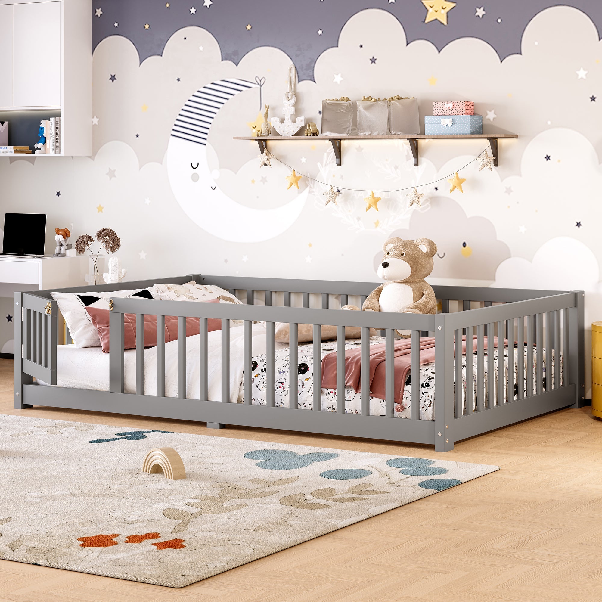Full Size Bed Floor Bed with Safety Guardrails and Door for Kids, Gray(Old SKU: W1580P154626)