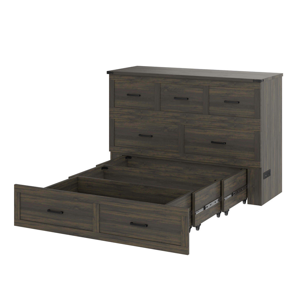 Murphy Bed Cabinet Queen Size with Charging Station, Multi-Functional Foldable Platform Bed with 1 Large Storage Drawer for Guest Room, Small Bedroom, Rustic Gray