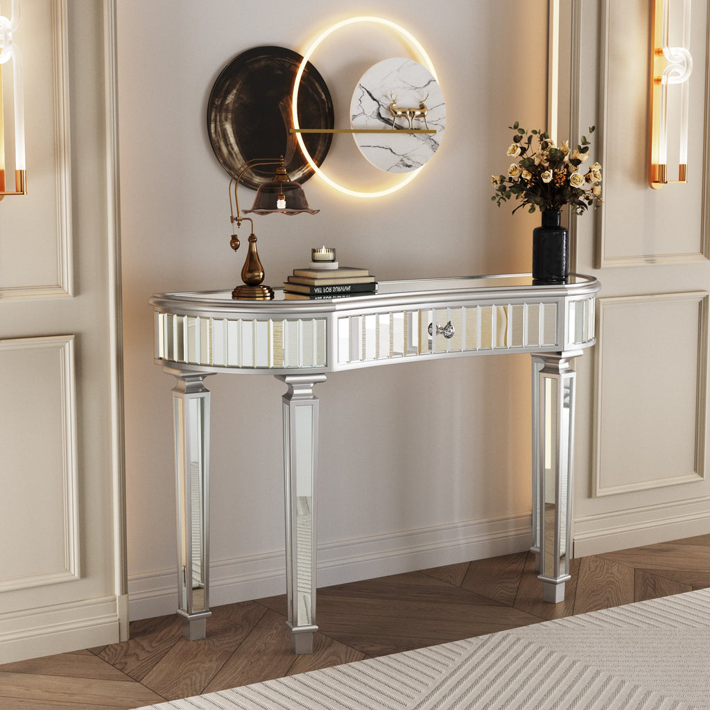 47' Half-Moon Mirrored Console Table with Fluted Glass & Crystal Knob Drawer - Silver Entryway Vanity Desk for Bedroom/Dressing Room(Grey+Sliver)