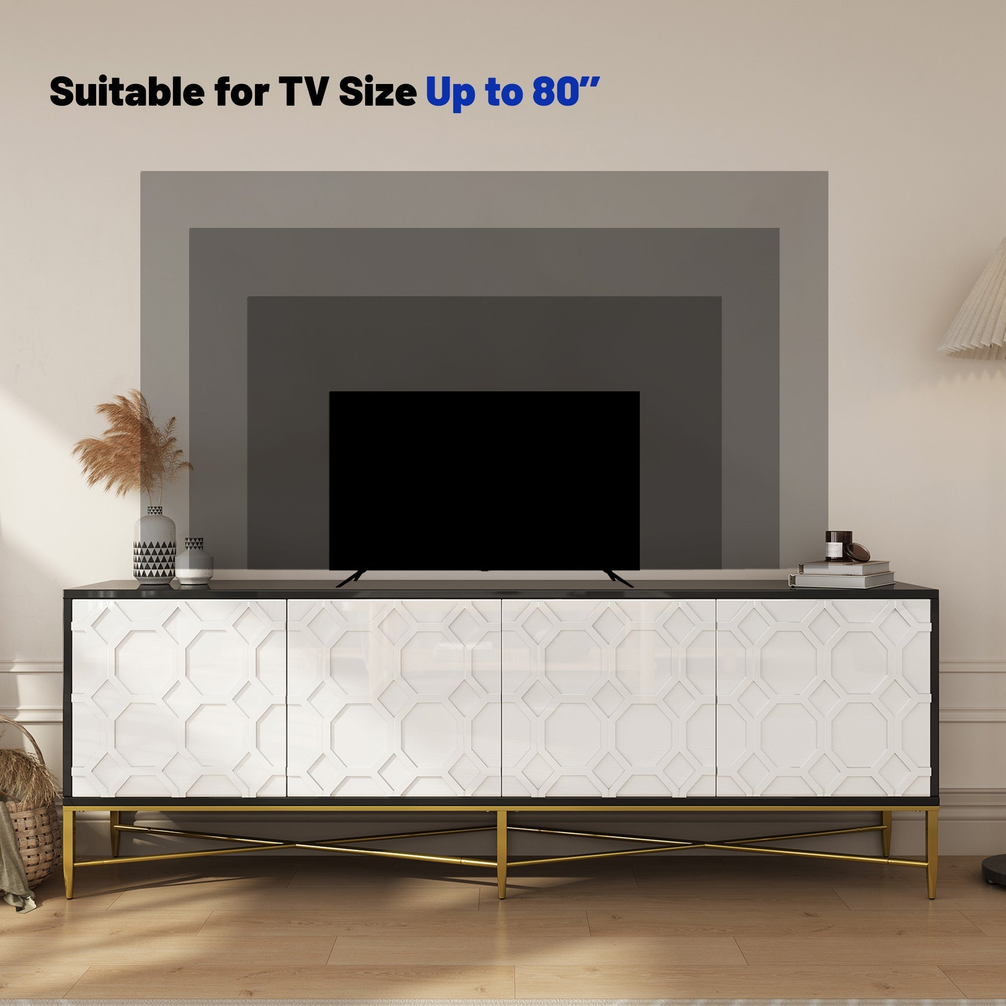 Modern Black and White Color Scheme Press Design 4 Door Cabinet, Living Room TV Stand
