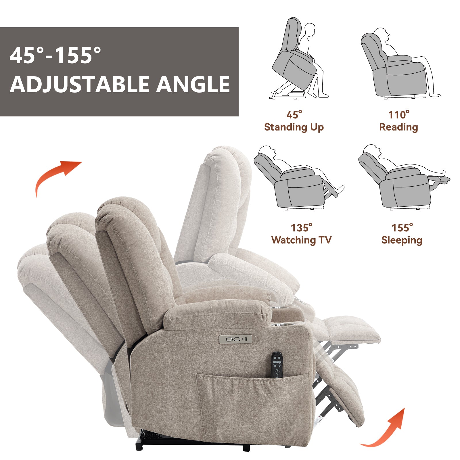Power Lift Recliner Chair with Massage and Heat for Elderly, Overstuffed Wide Recliners, Heavy Duty Motion Mechanism with USB and Type C Ports, 2 Steel Cup Holders, Khaki